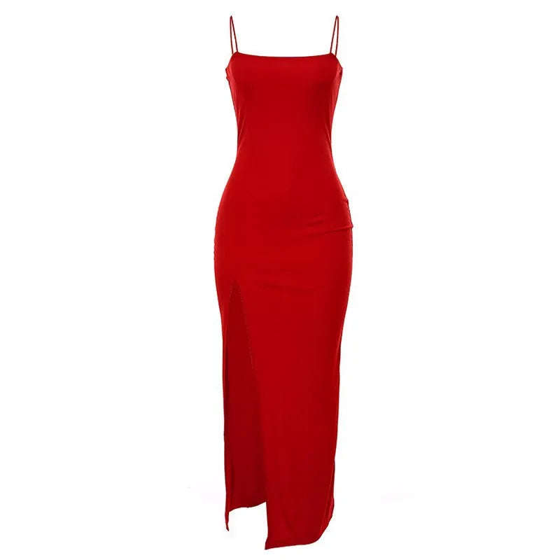 Abito maxi lungo sexy con spacco rosso senza maniche 2022 Abito estivo da donna alla moda Party Club Abiti eleganti aderenti Abiti neri puri