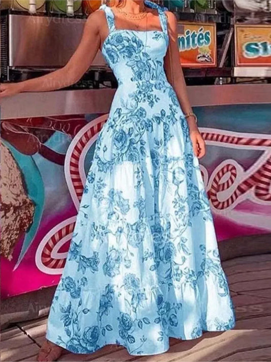 Abiti lunghi per le donne Fiore stampato cinturino per spaghetti vita alta gonna ampia orlo maxi abito da donna 2023 Summer Boho Beach Party