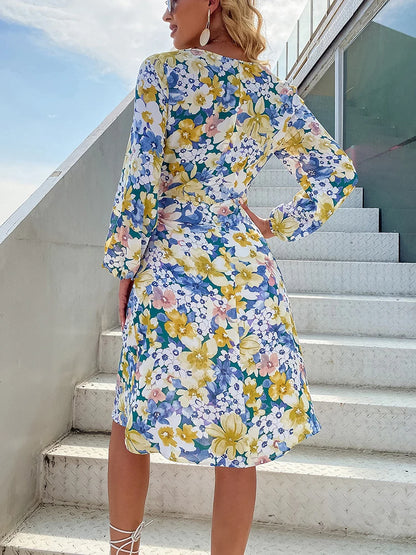 Women's Spring Summer Dress for Women 2023 Long Sleeve Floral Print Casual Midi Sun Dresses