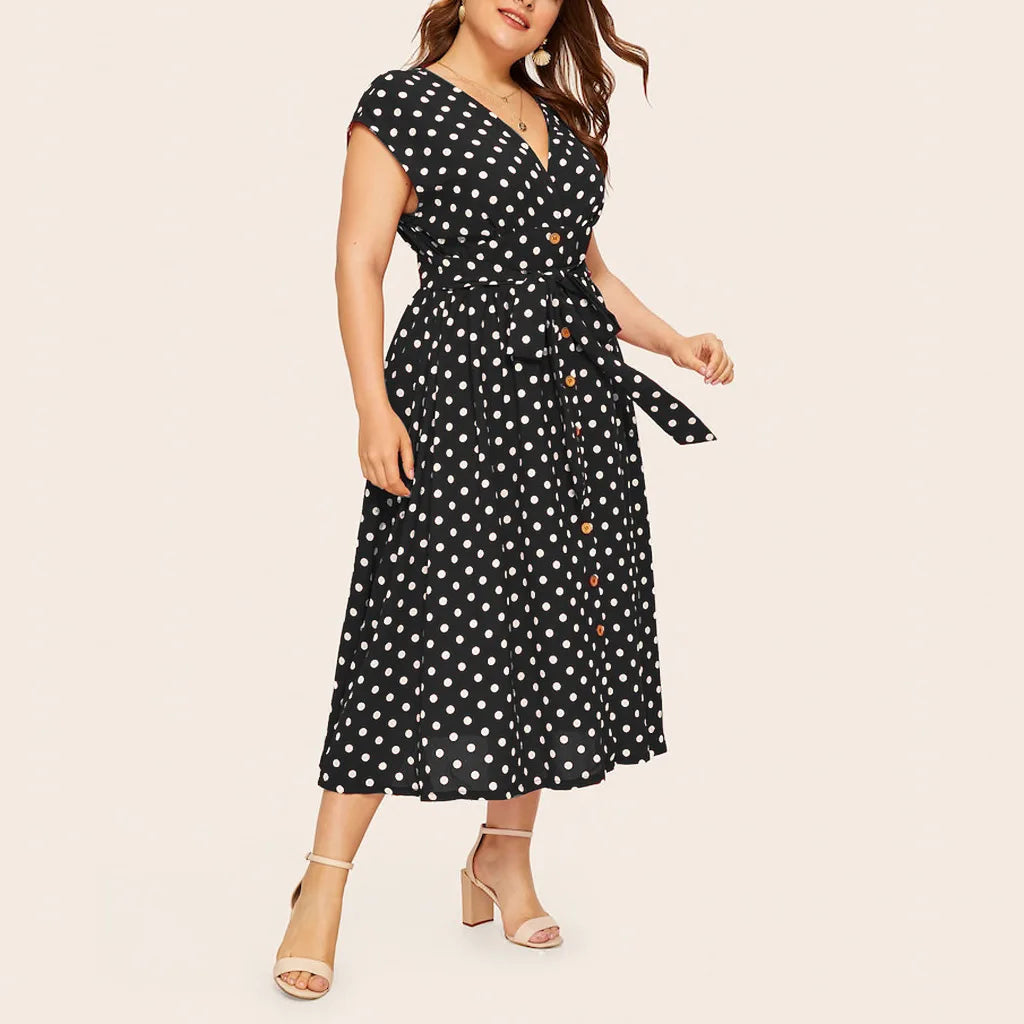 Plus Size Dresses Women Elegant Dot Print Casual Black Midi Dress Woman V-Neck Button Summer Vestidos Outfits 4XL 5XL