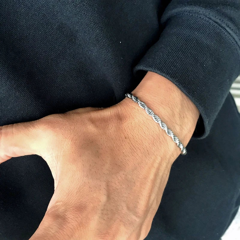 Hip Hop Width 3/4MM Stainless Steel Short Rope Chain Bracelet for Men Homme Simple Punk Chain on Hand Fashion Rapper Jewelry