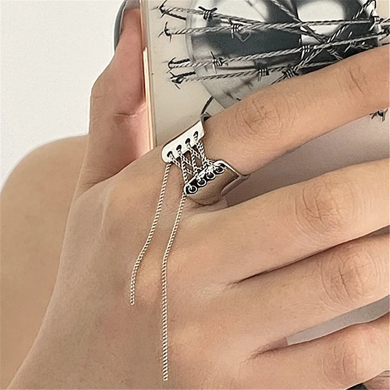 Gothic Wide Edge Chain Tassel Rings Women Hip Hop Punk Vintage Adjustable Opening Ring Aesthetic Geometric Goth Rings