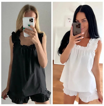 Ruched New Sleepwear Women's Cotton White Sleeveless Pajama Sexy Backless Summer Suit For Women Solid Loose Nightwear 2022