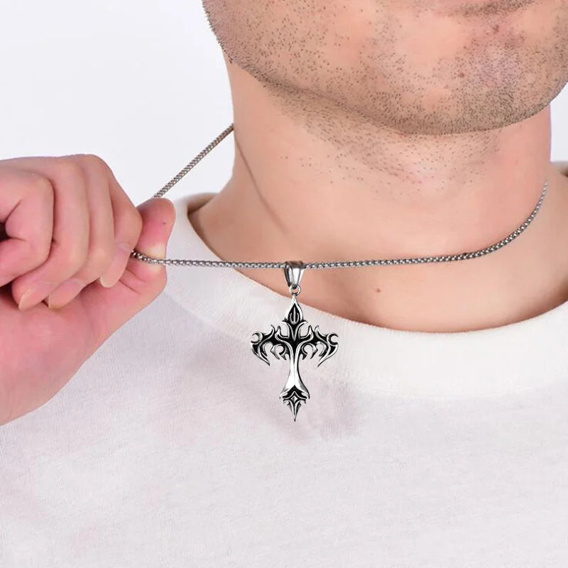 Men's Vintage Flame Cross Pendant Necklace Women Stainless Steel Link Chain Charm Necklaces Cool Punk Hip Hop Jewelry Gift