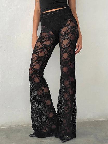 Women Sexy Lace Pants Y2K Floral Sheer See Through High Waist Bell-Bottoms Trousers Gothic Flare Pants Streetwear