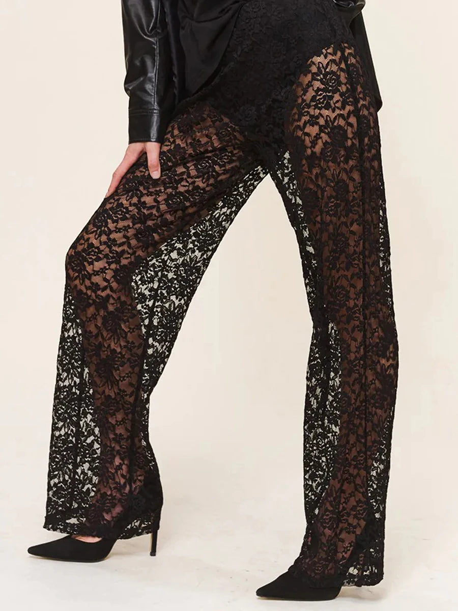 See-Through Lace High Waist Pants for Women Wide Leg Flare Pants Bell-Bottoms Trousers Streetwear