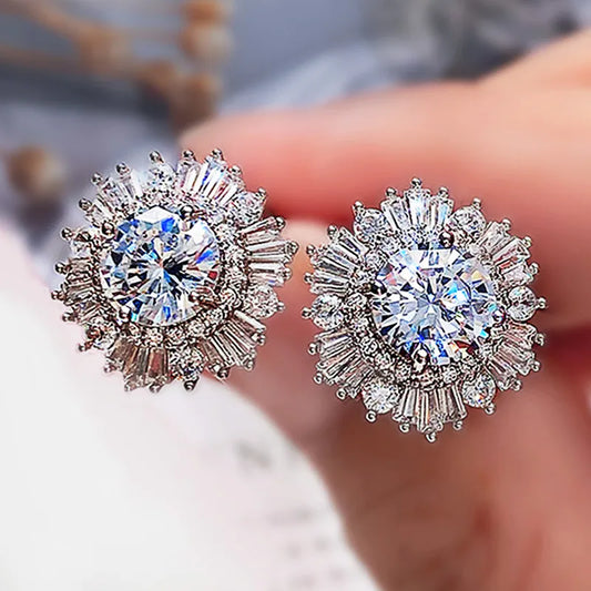 Huitan Eternity Cubic Zirconia Flower Stud Earrings for Women High Quality Wedding Accessories Classic Versatile Female Jewelry