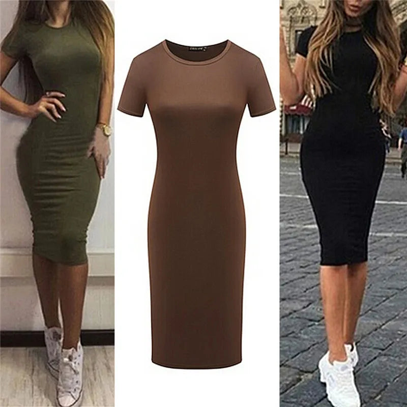 Summer Dresses Women Knee-Length Skinny Office Dress Short Sleeve Bandage Bodycon Beach Dress Vestidos Robes 3 Colors S-XL