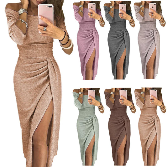 Dress Women Summer solid color slash neck three quarter sleeve tall waist Dresses Casual Vestidos dropshipping LDMQZ181012