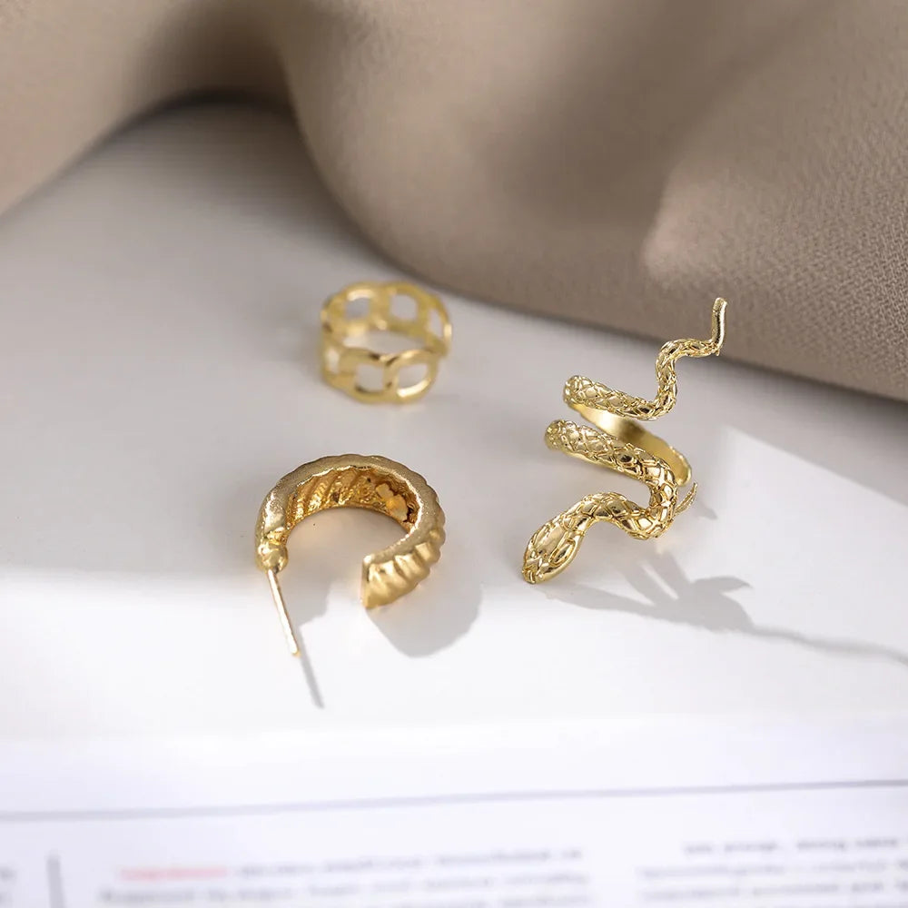 New Personality Gold Color Clip Earrings Fake Piercing Jewelry Set Fashion Lines Snake C-shape Ear Cuffs for Women Party Gift