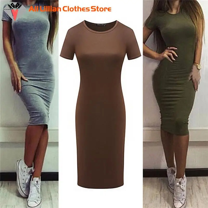 Summer Dresses Women Knee-Length Skinny Office Dress Short Sleeve Bandage Bodycon Beach Dress Vestidos Robes