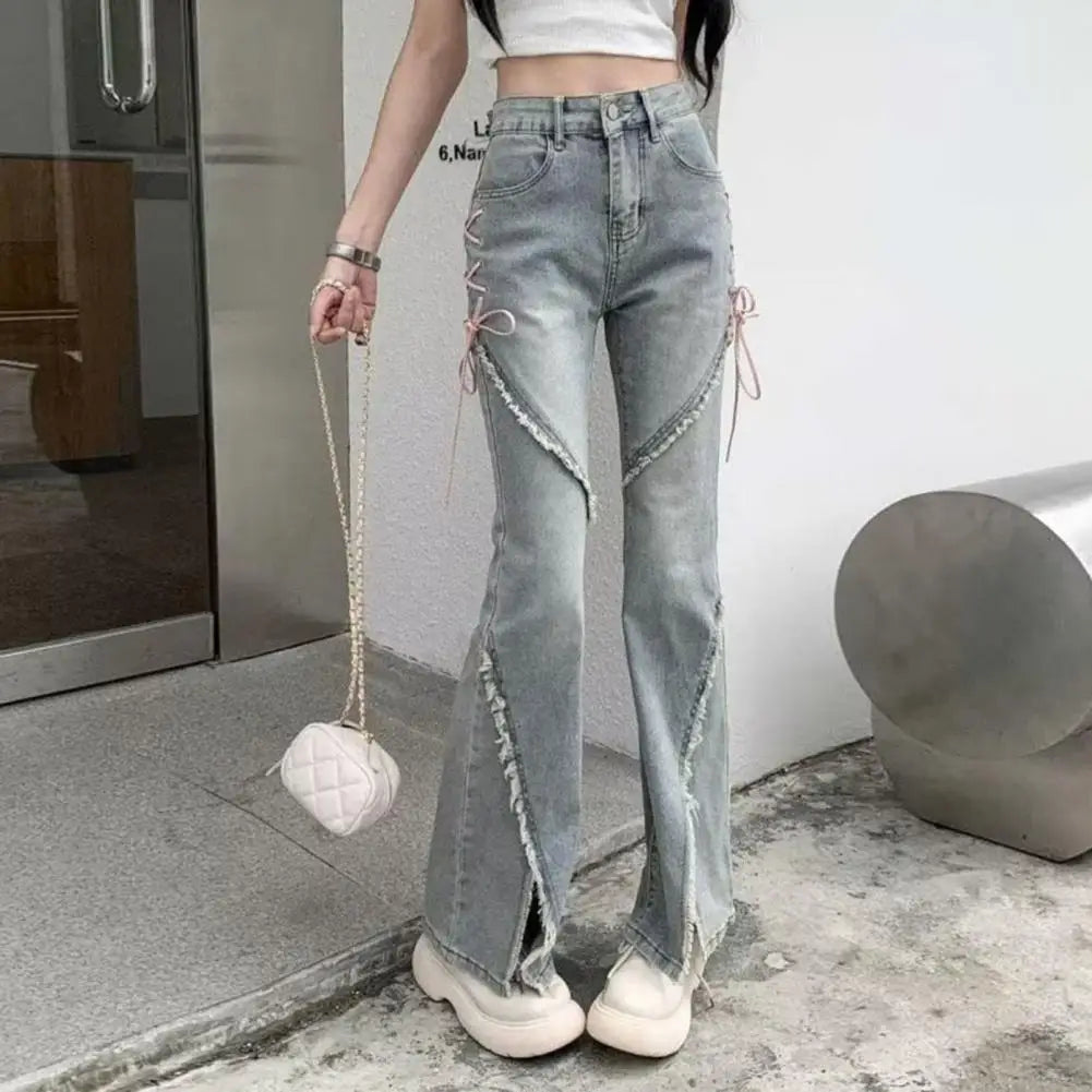 High-waisted Denim Jeans Trendy Women's Hip Hop Flared Jeans with Ripped Split Hem High Waist Button Closure Stylish for A