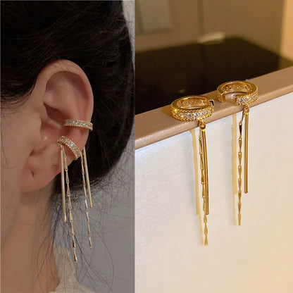 Orecchino a clip per orecchio con nappa di cristallo per donna Polsino non penetrante Catena con strass lucidi Gioielli per piercing alla cartilagine finti