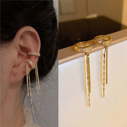 Orecchino a clip per orecchio con nappa di cristallo per donna Polsino non penetrante Catena con strass lucidi Gioielli per piercing alla cartilagine finti