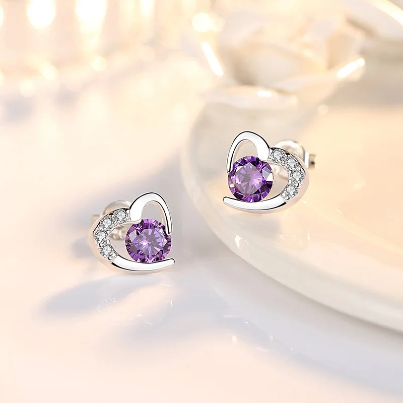 Real 925 Sterling Silver Crystal Jewelry New Heart Stud Earrings For Woman XY0201