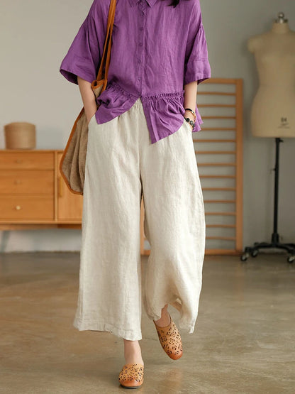 2024 Cotton Linen Home Wear Loose Pants for Women Summer Casual Baggy Wide Leg Trousers Purple Soft Capri Pants Women's Joggers