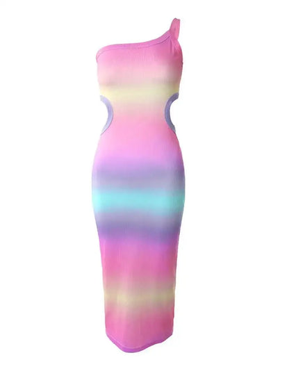 2024 Sexy Dress Women Spring Summer Elegant Ombre One Shoulder Tie Dye Cutout Ribbed Bodycon Midi Dress Casual Spicy Girl Dress