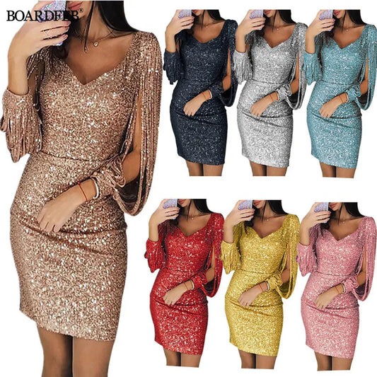 Women Sequin Dress Glitter Sparkle Sexy V Neck Summer Short Dress Tassel Shining Club Sheath Long Sleeve Mini Dress for Party