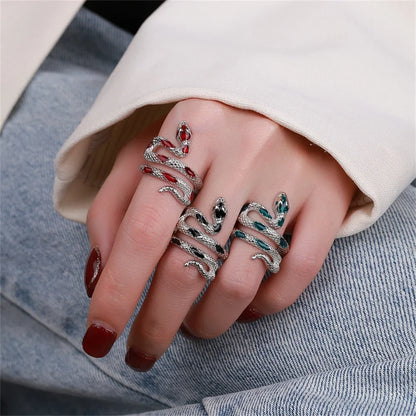 Exquisite Snake Shape Crystal Ring Metal Opening Adjustable Ring for Women Men Punk Rock Party Jewelry Accessories Gift