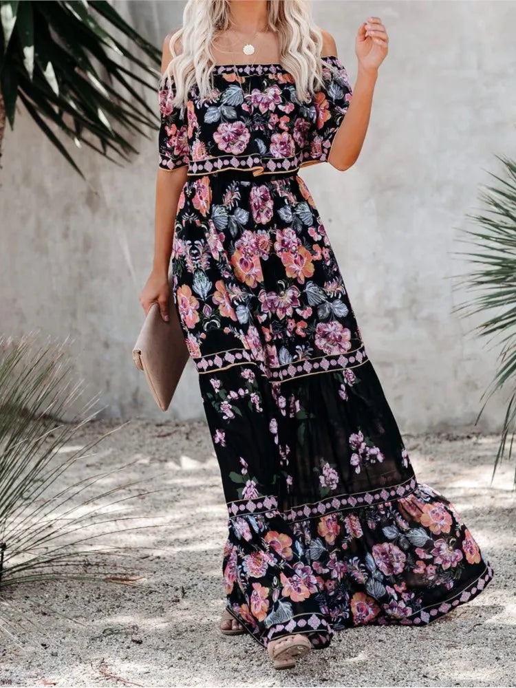 Summer Women Print Boho Dress Fashion Sexy Slash Neck Maxi Dresses For Femme Casual Elegant Party Vestidos Robe 2023 New Female