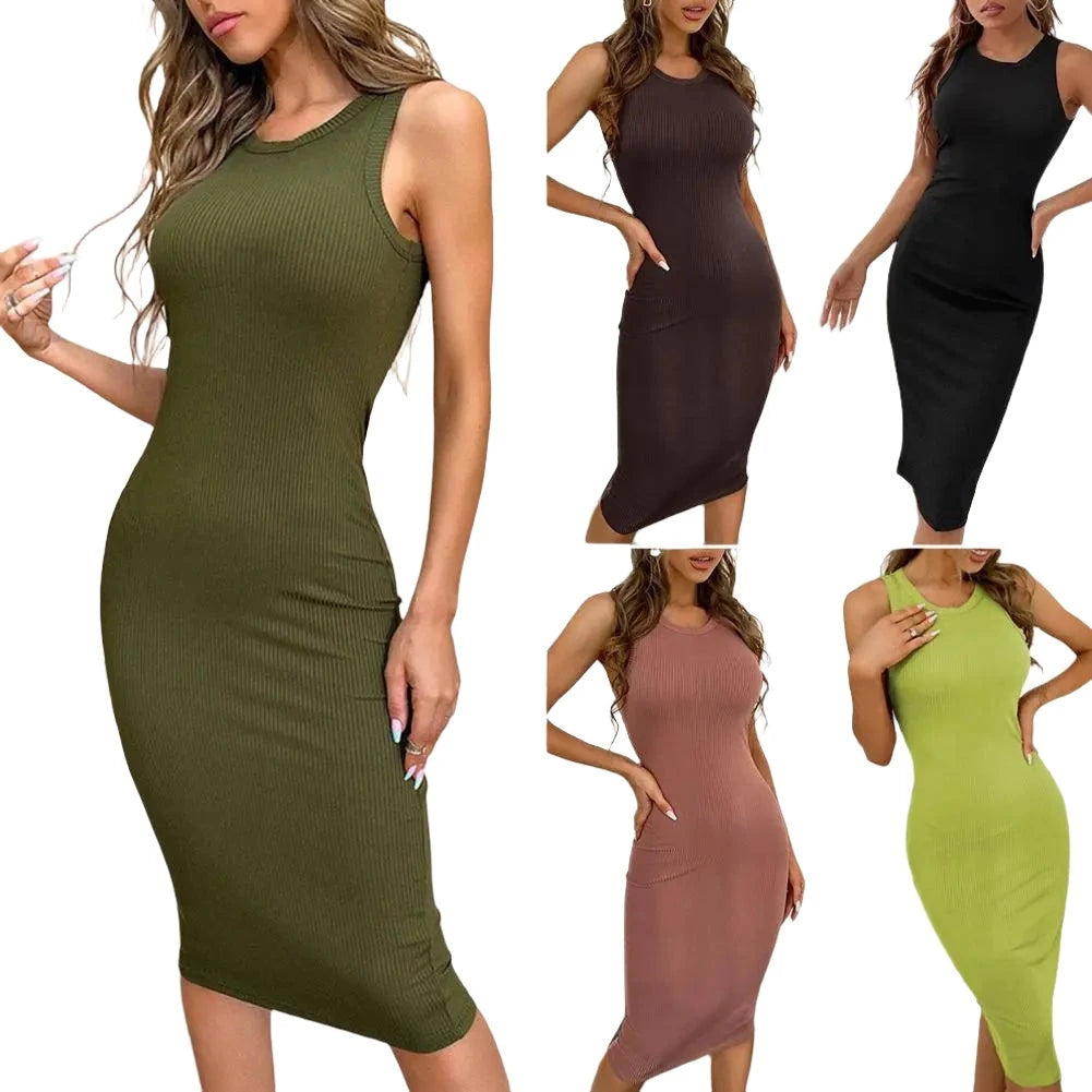 Lady Sun dress Women Dress Solid Color Ribbed Summe