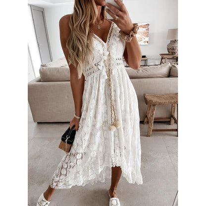 Summer White Dress for Women 2023  Lace Hem Bohemia Short Sleeve High Waist  Dress V-Neck Long Casual Ruffle Maxi Dress