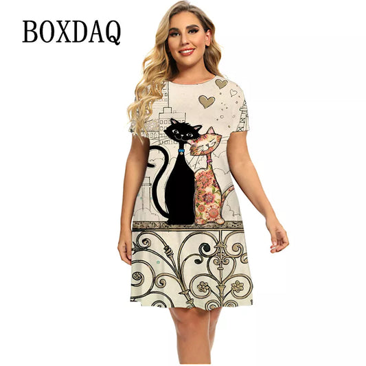 6XL Donne Gatti Divertenti Abito Moda Manica Corta Kawaii Abiti Lady 2022 Abbigliamento Estivo Casual O-Collo Abito Allentato Plus Size 5XL