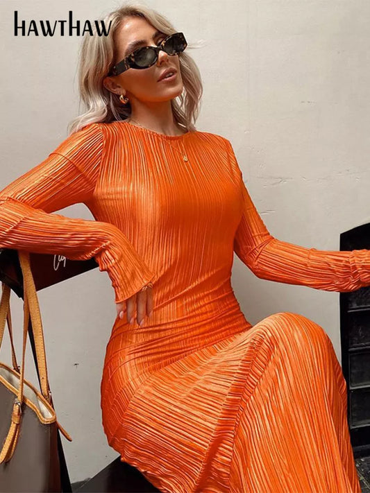 Hawthaw Women Fashion Long Sleeve Streetwear Bodycon Orange Midi Dress 2022 Autumn Clothes Wholesale Items For Business