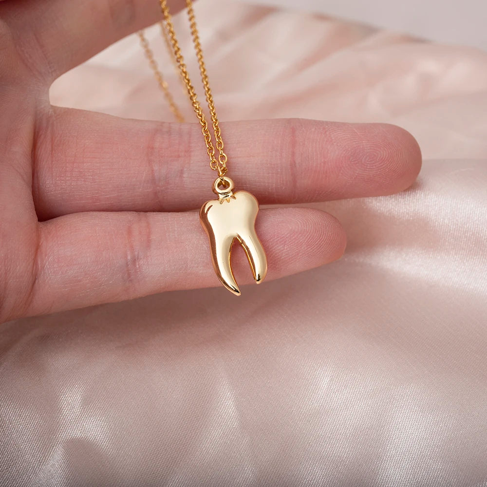 Tangula Personality Tooth Shaped Pendant Necklace for Women Men Fashion Stainless Steel Necklace Medical Jewelry Dentist Gifts