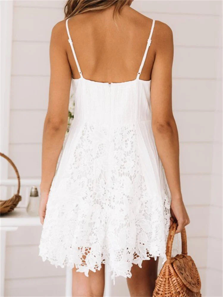 2023 Summer Bohemian White Dress Women Sleeveless Deep V Neck Lace Ruffle A-line Dress Fairycore Chic Casual Dresses Female