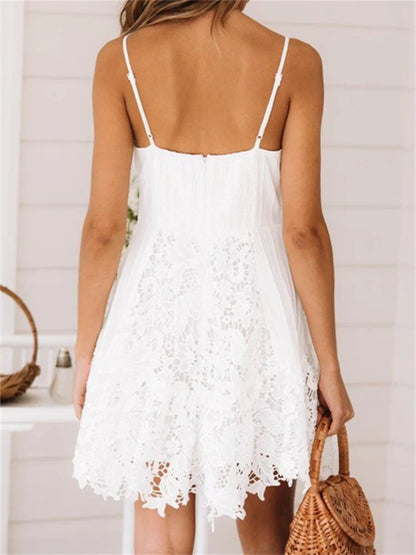 2023 Summer Bohemian White Dress Women Sleeveless Deep V Neck Lace Ruffle A-line Dress Fairycore Chic Casual Dresses Female