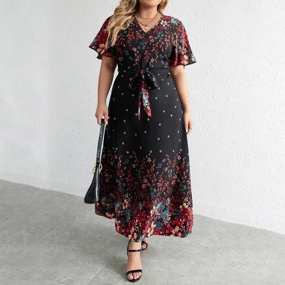 Plus Size Floral Print Dress Floral Print A-line Maxi Dress with Lace-up Belt V Neck for Women Plus Size Ankle Length Party Prom