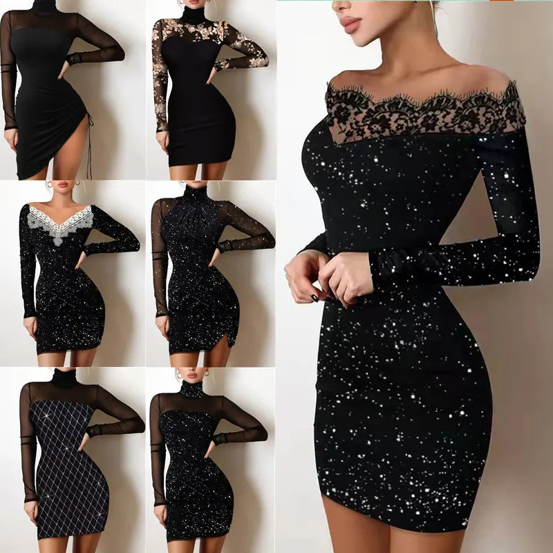 Autumn Women Black Bodycon Mini Dress Mesh Lace Patchwork Long Sleeve Off Shoulder Party Club Short Sequin Slim Dresses Bling