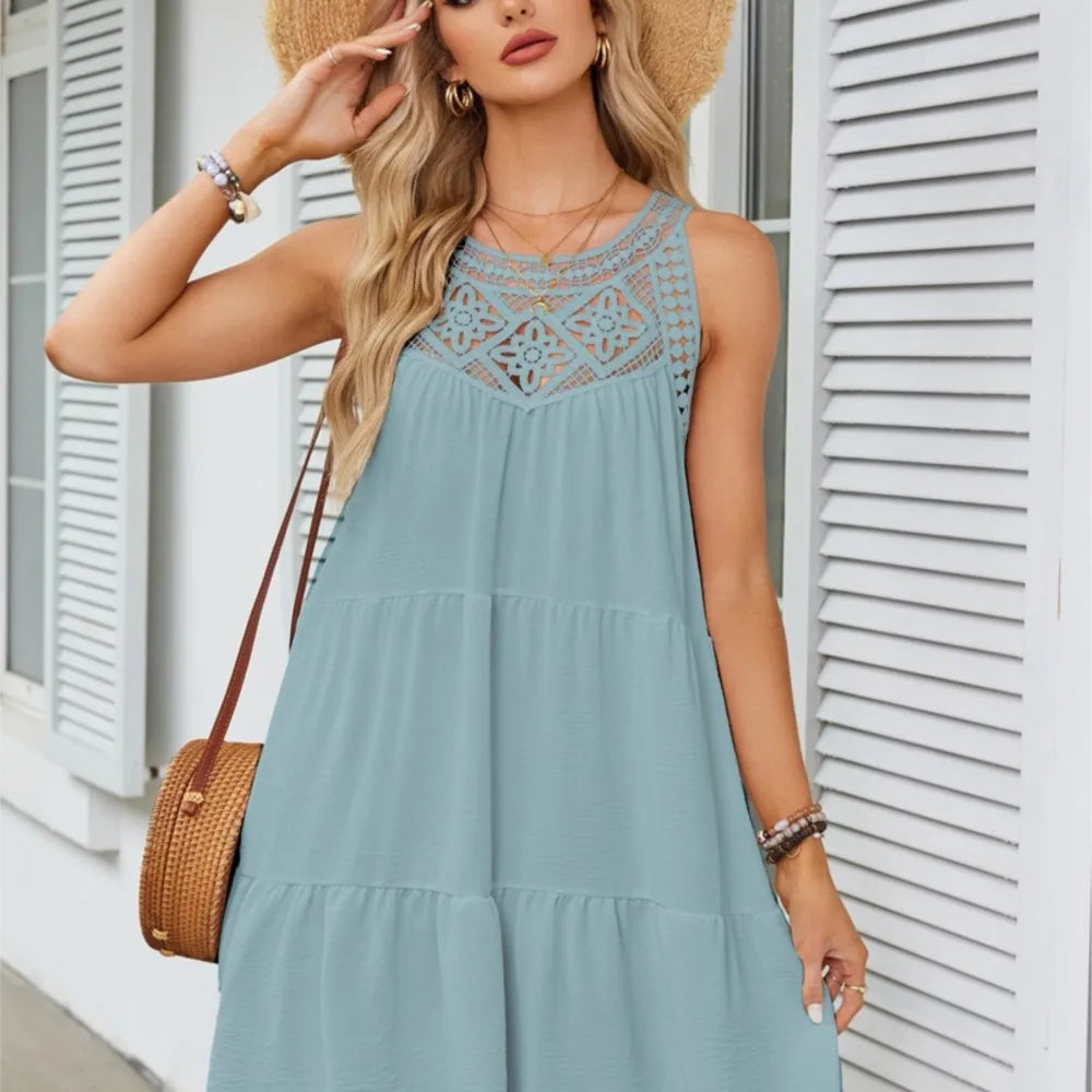 Fashion Sexy Hollow Lace Patchwork Halter Neck Women A Line Dress Summer Casual Solid Color Loose Beach Holiday Female Sundress