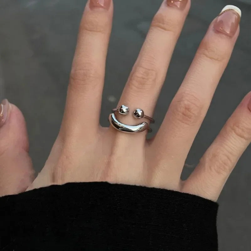 New Silver Color Smile Shape Ring for Women Girls Y2K Stainless Steel Rings Adjustable Opening Ring Fashion Jewelry Friend Gifts