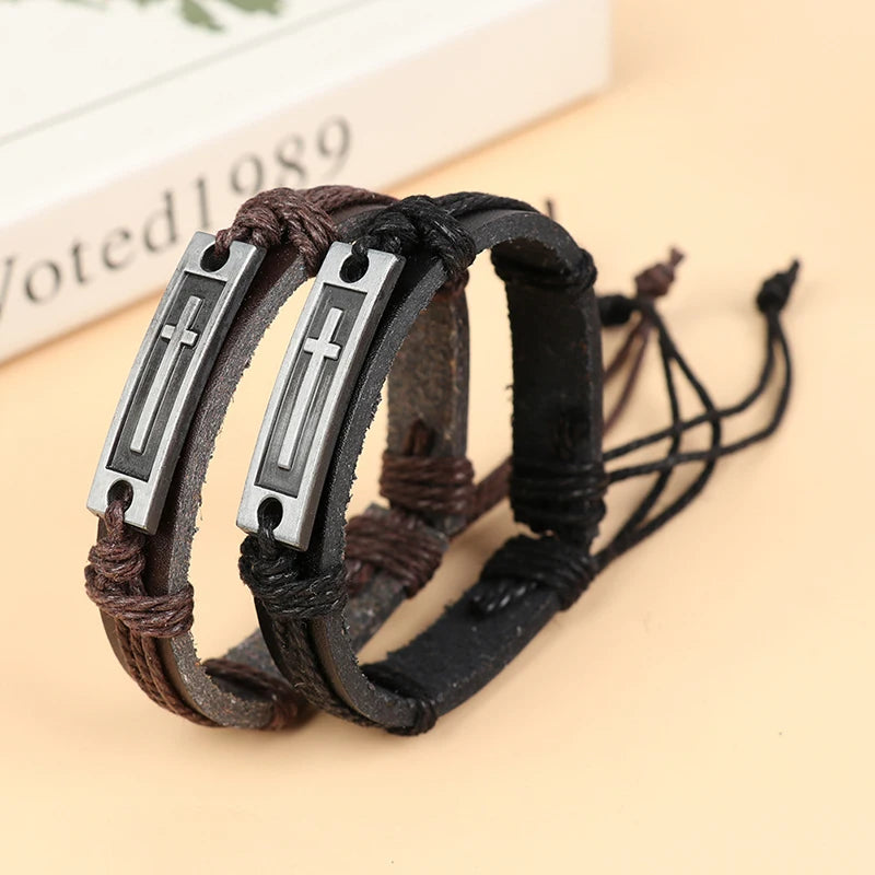 Jesus Christian Religious Brown Black Cross Leather Bracelet For Men Women Vintage Jewelry Bracelets & Bangles