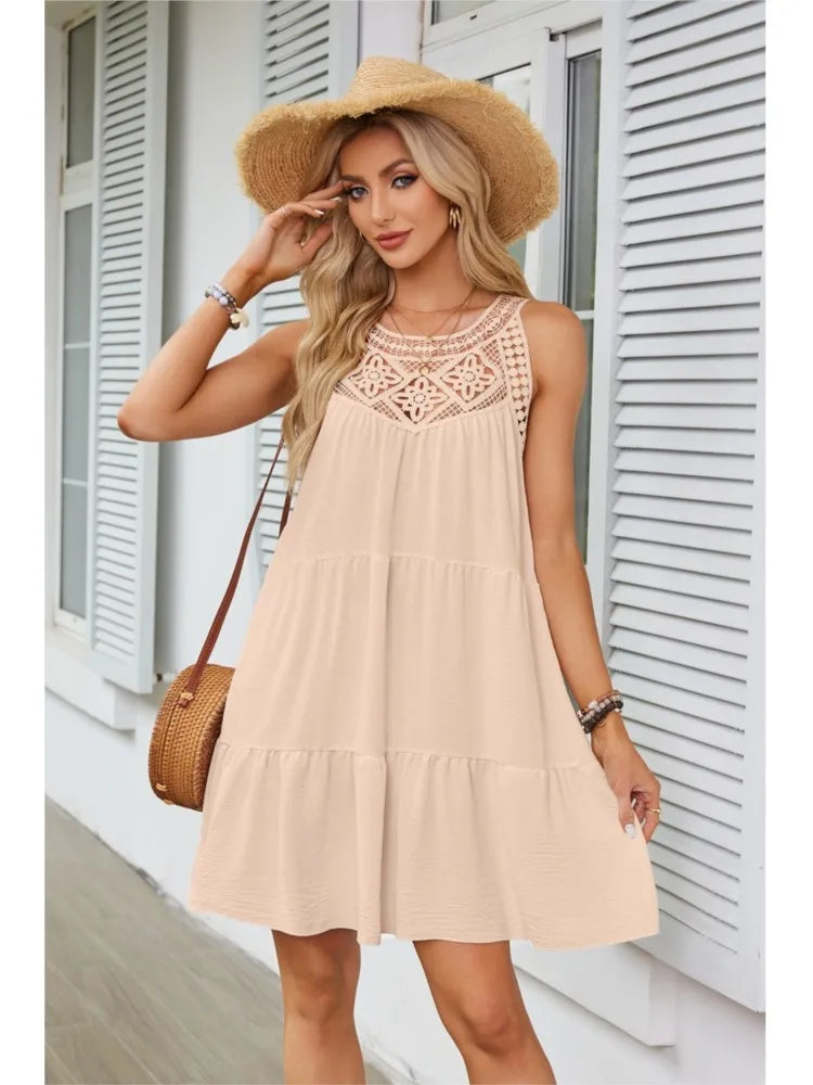 Fashion Sexy Hollow Lace Patchwork Halter Neck Women A Line Dress Summer Casual Solid Color Loose Beach Holiday Female Sundress