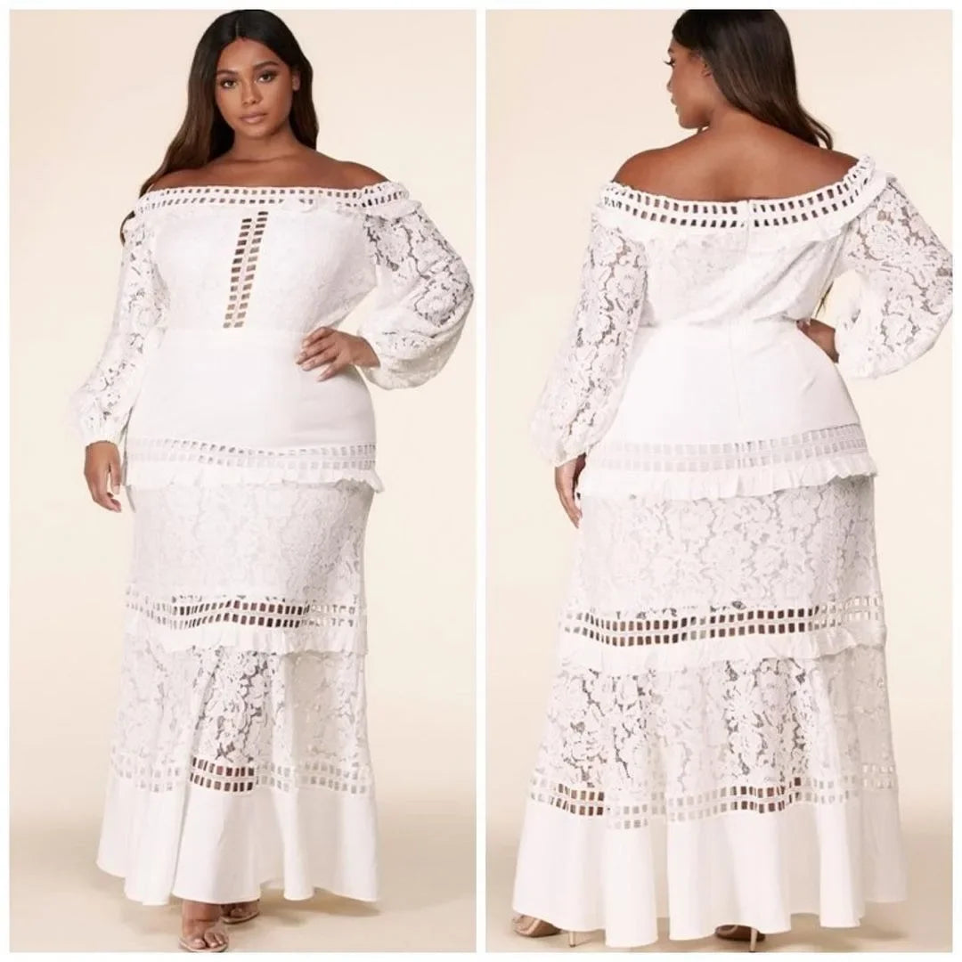 M-4XL Plus Size Elegant Women Wedding Dress Lady Lace White Hollow Birthday Party Dresses Classy Female Prom Ruffled Vestido