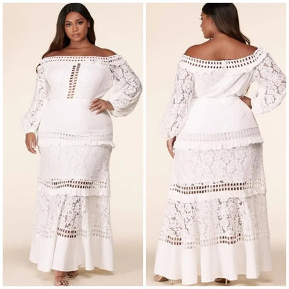 M-4XL Plus Size Elegant Women Wedding Dress Lady Lace White Hollow Birthday Party Dresses Classy Female Prom Ruffled Vestido