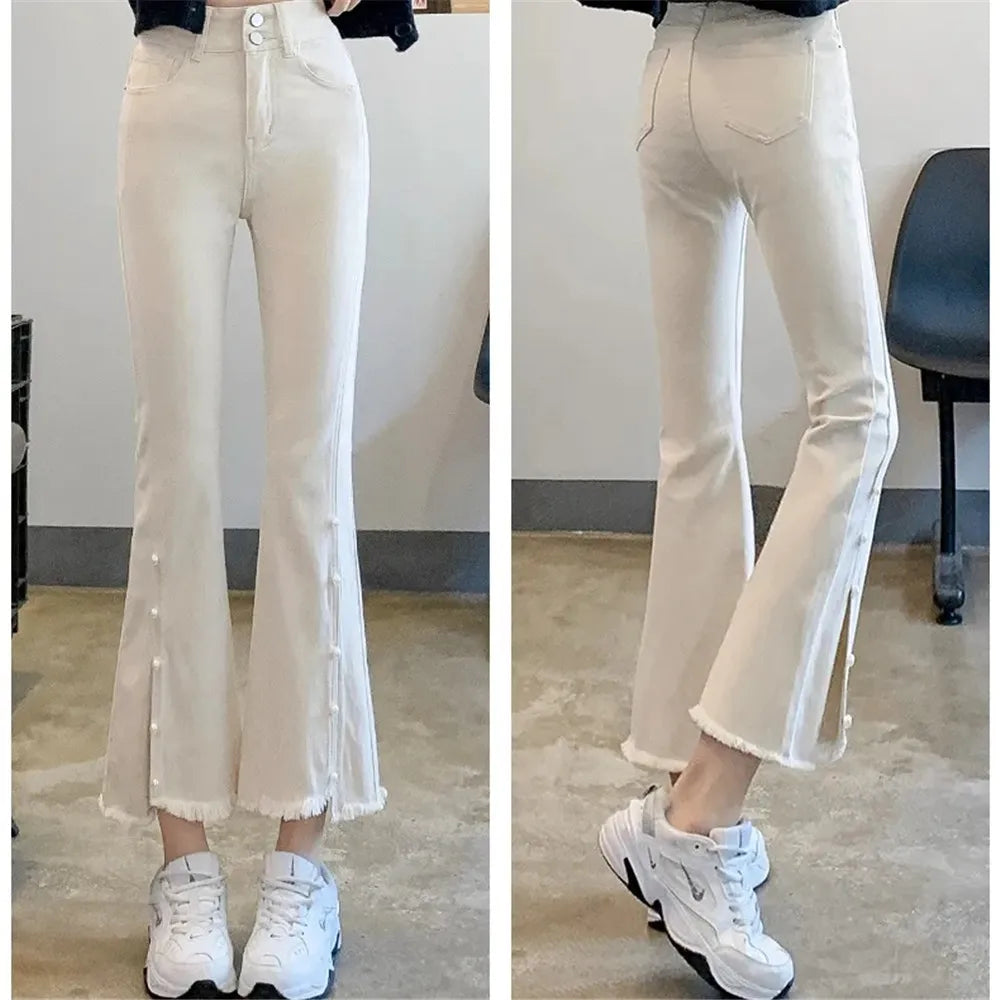 Korean Chic Slit Pearl Buttons Tassel Flare Jeans Women Fashion Slim Stretch Ankle-length Streetwear Women Pants New Women Pants