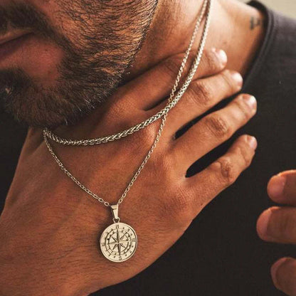 Men's Layered Alloy Necklace Navigation Travel Compass Pendant Cuba Figaro Wheat Chain Casual Vintage Necklace