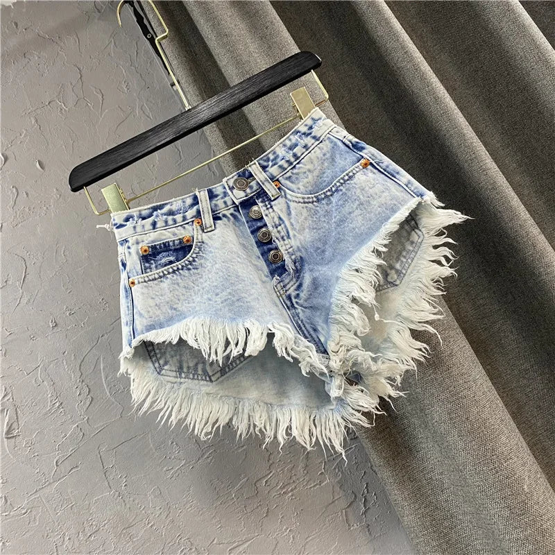 Women's Ripped Mid Rise Denim Jeans Shorts Summer Button Tassel Single-breasted Wide-leg Denim Shorts Jeans Streetwear