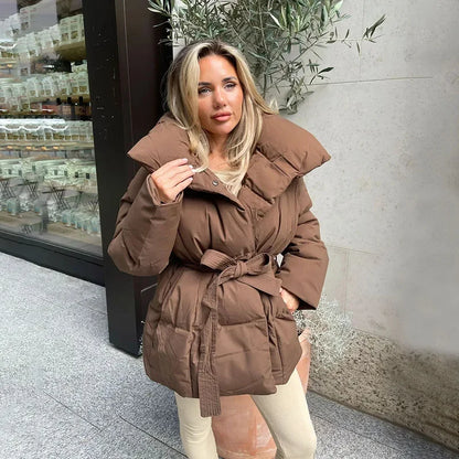 Fandy Lokar Winter Stand Collar Parkas Women Fashion Tie Waist Short Coats Women Elegant New Solid Puffer Jackets Female Ladies