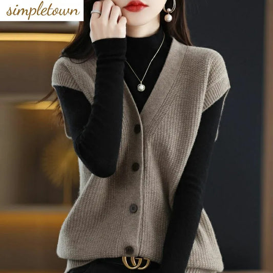 2023 Autumn/Winter New V-neck Knitted Cardigan Tank Top Korean Version Loose and Versatile Sleeveless Sweater Tank Top 