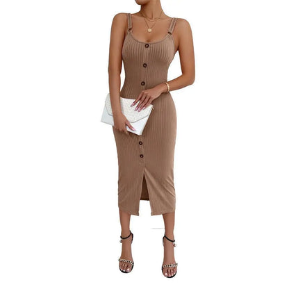 Green Women Knitte  Bodycon Sling Dress Sleeveless Button Front Spit Slim Party Club Midi Dresses For 2023 Elegant Robe Female