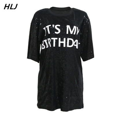 HLJ Birthday Letter Print Sequin Dress Women Round Neck Short Sleeve Straight Holidays Party Dress Vestidos Female 2023