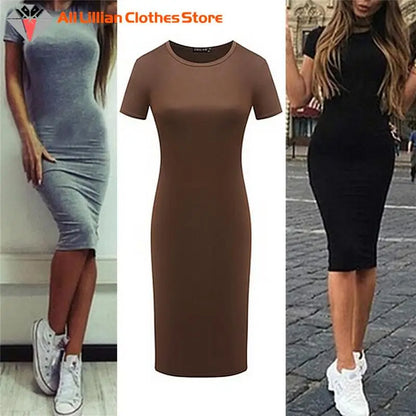 Summer Dresses Women Knee-Length Skinny Office Dress Short Sleeve Bandage Bodycon Beach Dress Vestidos Robes