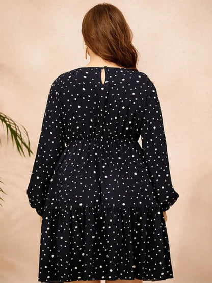 Plus Size Autumn Midi Dress Women Long Sleeve Polka Dot Casual Ladies Dresses Loose Fashion Pleated Woman Dress 2023