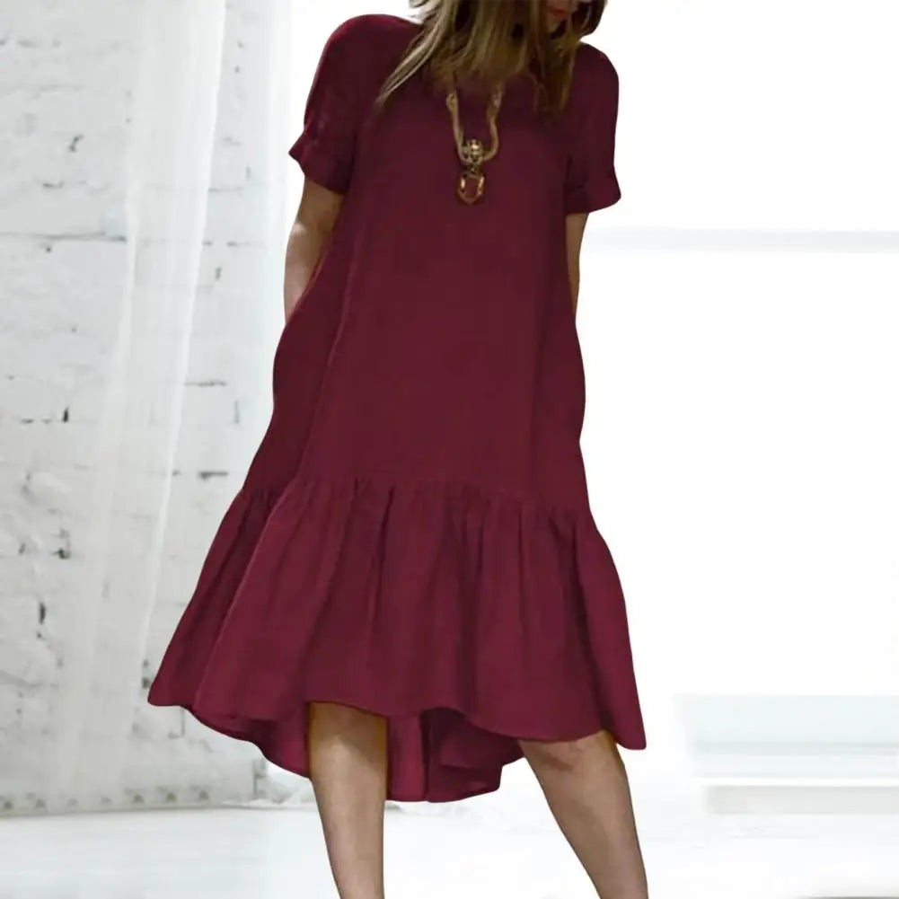 Solid Color Casual Dress Ruffle Hem Patchwork Women's Summer Dress O Neck Short Sleeves A-line Knee Length Casual Soft Daily