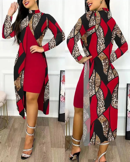 Women's Printed Slit Dress High Neck High Waist Hollow Long Sleeve Fashion Loose Casual Sexy Slit Asymmetrical Office Clothing